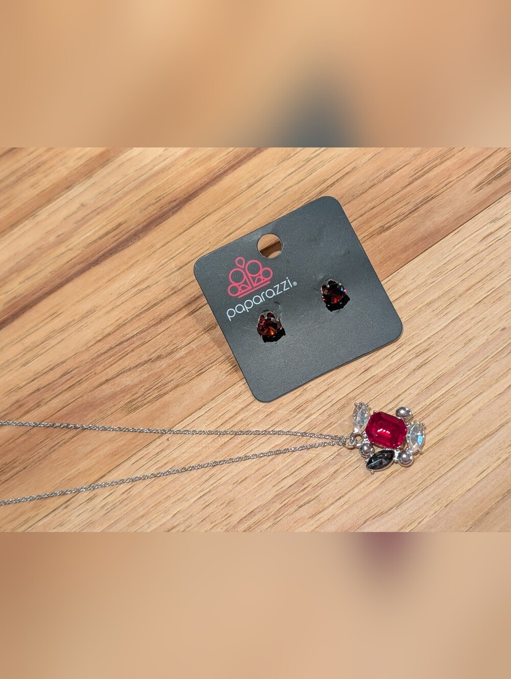 Paparazzi Silvertone Necklace And Earrings Set With Red, Black And Clear Stones